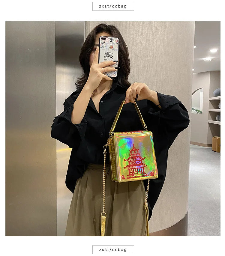 ENJOININ Chinese Takeout Box Purse Pu Leather Women Handbag Fashion Crossbody Bag Shoulder Chain Bag for Girl Bucket Bag