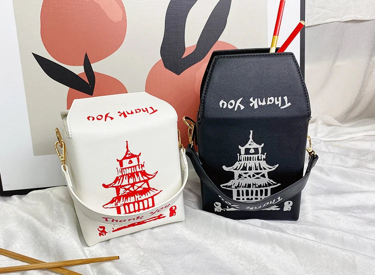 ENJOININ Chinese Takeout Box Purse Pu Leather Women Handbag Fashion Crossbody Bag Shoulder Chain Bag for Girl Bucket Bag