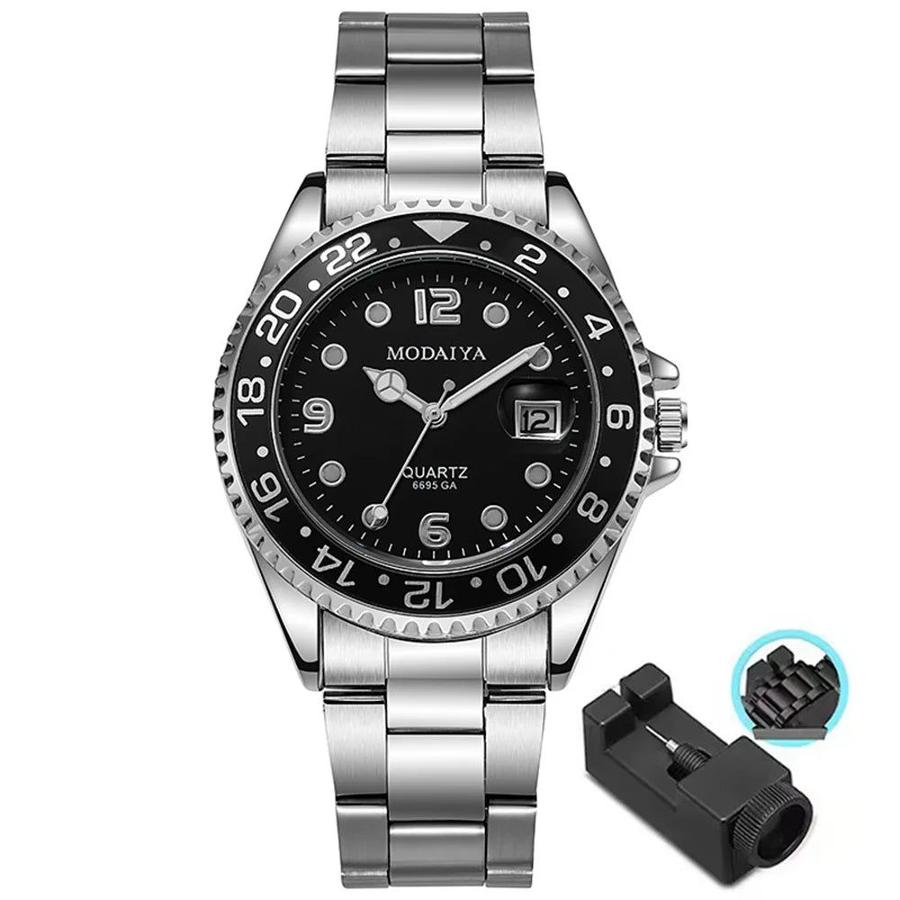Business Men Classic Diver Style Watch Fixed Bezel Date Stainless Steel Strap Daily Life Waterproof Quartz Wristwatch