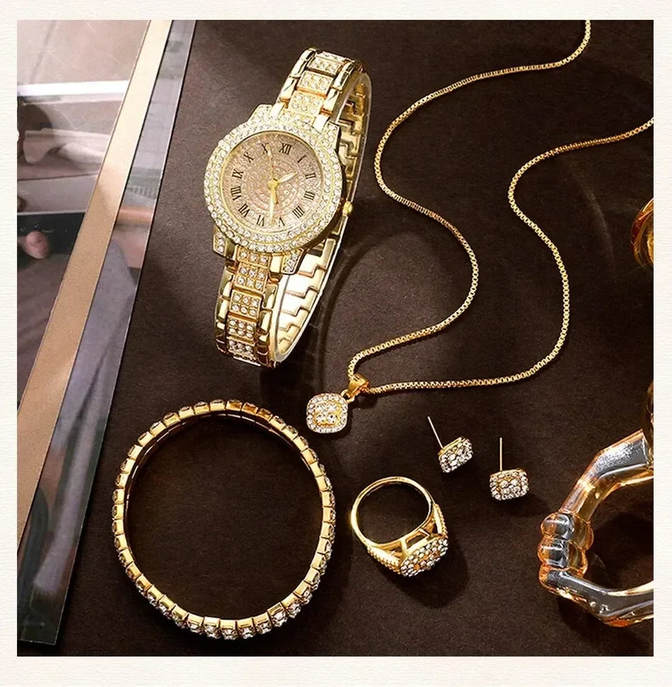 Golden Watch Women Ring Necklace Earrings Rhinestone Fashion Wristwatch Female Casual Ladies Watches Bracelet Set Clock