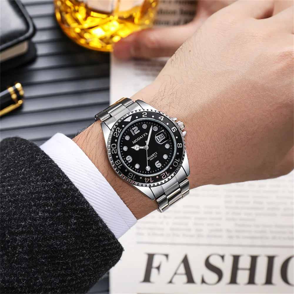 Business Men Classic Diver Style Watch Fixed Bezel Date Stainless Steel Strap Daily Life Waterproof Quartz Wristwatch