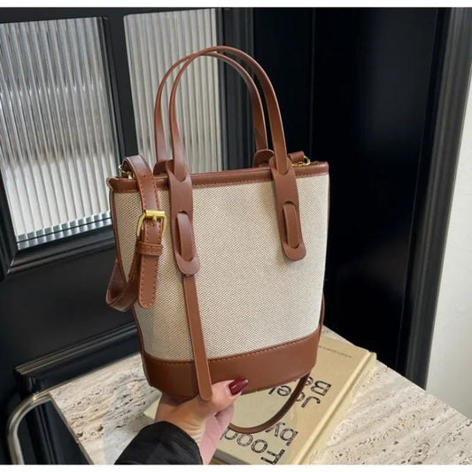 2025 Fashion Versatile PU Canvas Bucket Shoulder and Crossbody Bags Simple Casual Sense of Luxury Retro Handbags for Women