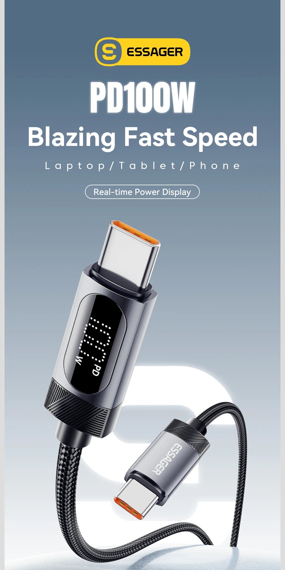 Essager Digital Dispaly USB C Cable For iPhone 16 15 Xiaomi Huawei 100W PD Fast Charging For Macbook iPad Type C to Type C Cable