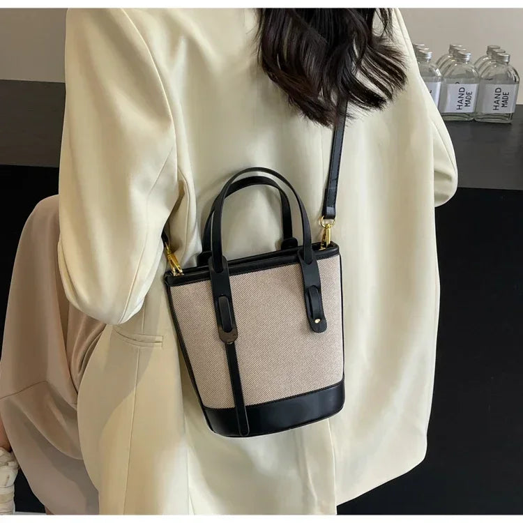 2025 Fashion Versatile PU Canvas Bucket Shoulder and Crossbody Bags Simple Casual Sense of Luxury Retro Handbags for Women