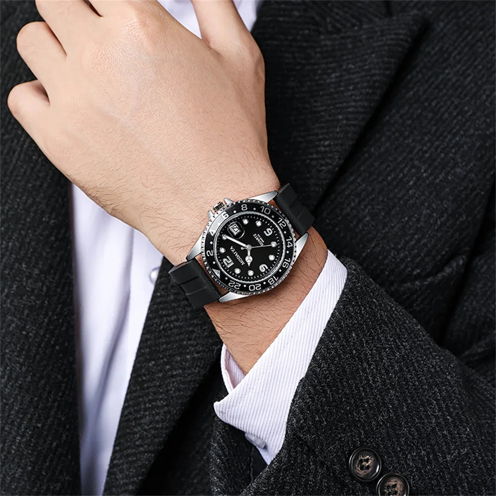 Business Men Classic Diver Style Watch Fixed Bezel Date Stainless Steel Strap Daily Life Waterproof Quartz Wristwatch