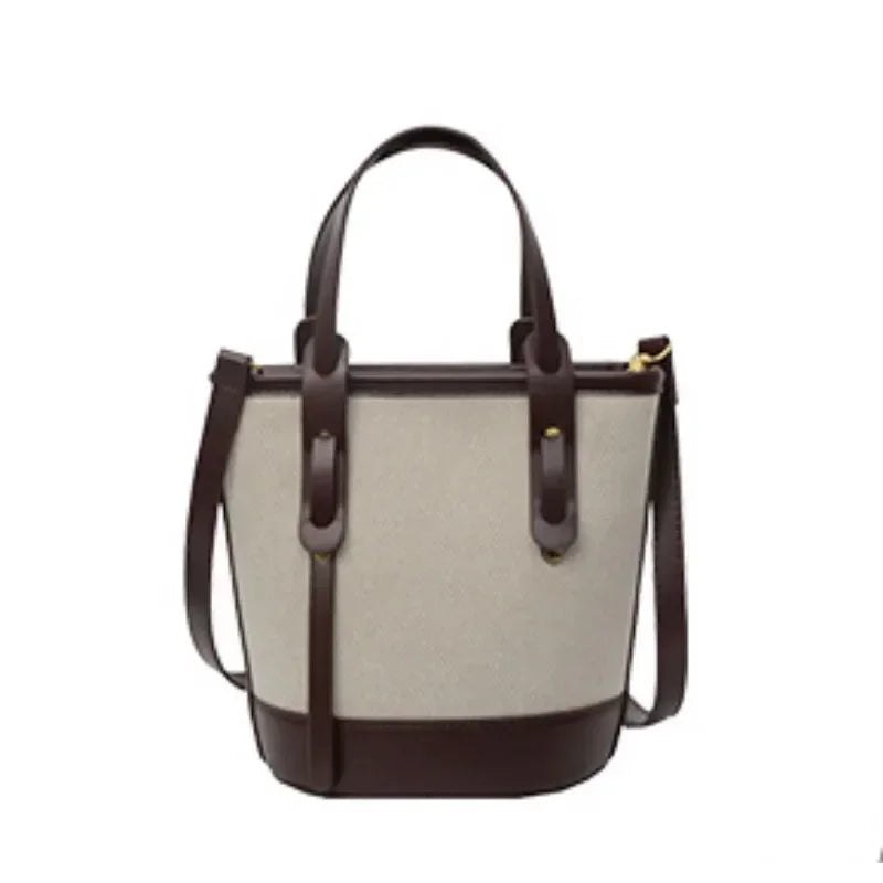 2025 Fashion Versatile PU Canvas Bucket Shoulder and Crossbody Bags Simple Casual Sense of Luxury Retro Handbags for Women