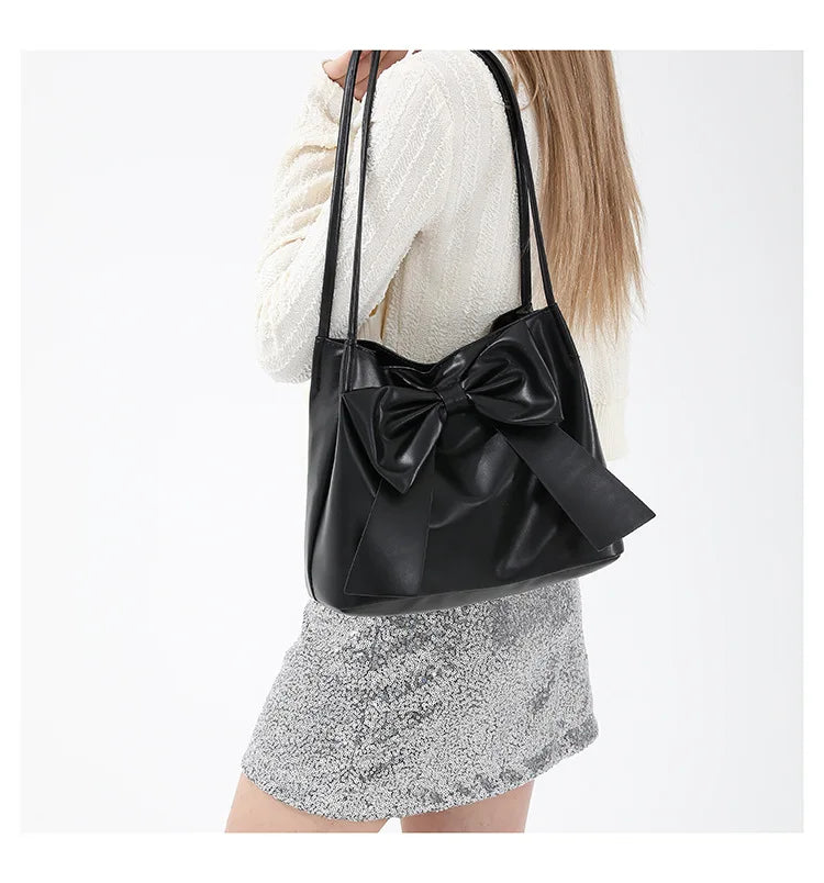 Fashionable Large Capacity Bow Knot Shoulder Bag Cute Kawaii Bow Decor Water Bucket Bag Lightweight Casual Handbag