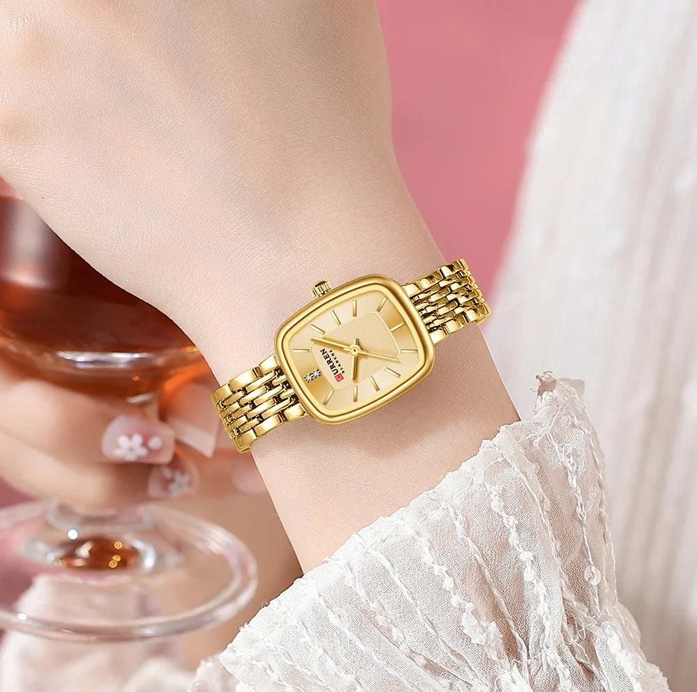 CURREN 9093 Fashion Quartz Women Watch Simple Elegant Square Dial Gold Stainless Steel Strap Waterproof Leisure Business Watches