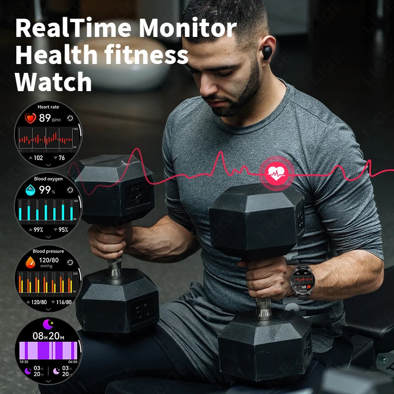 LIGE Smart Watch 1.95 inch Large Screen Bluetooth Calling Health Monitoring 500mAh Large Battery AI Voice Men Smartwatch EX100