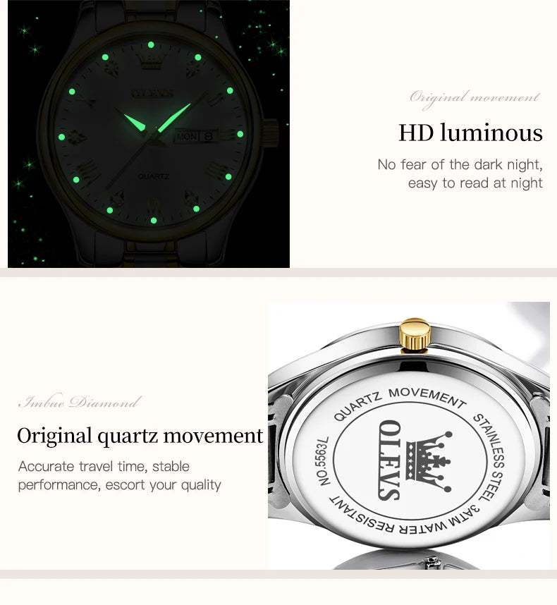 OLEVS 5563 Diamond Scale Women's Wristwatch 30m Waterproof Luminous Stainless Steel Ladies Watch Original Quartz Watch for Women
