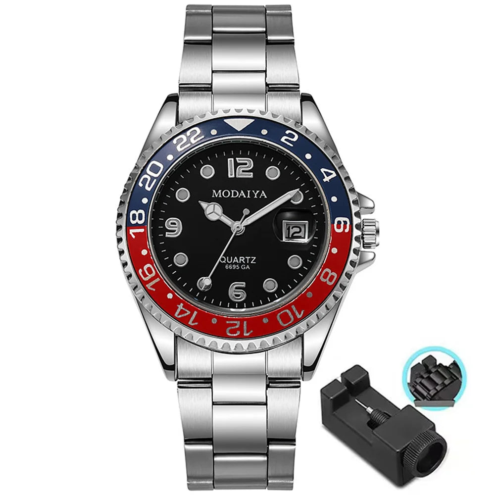 Business Men Classic Diver Style Watch Fixed Bezel Date Stainless Steel Strap Daily Life Waterproof Quartz Wristwatch