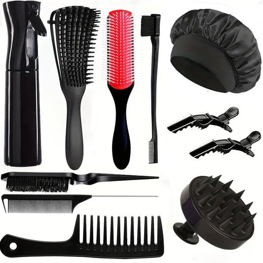 11 pcs High Quality Hair Brush Comb Set,with Hair Spray Bottle Scalp massager ,Wet Dry Curly Hair Detangling, Wide Tooth Combs