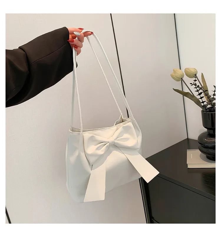 Fashionable Large Capacity Bow Knot Shoulder Bag Cute Kawaii Bow Decor Water Bucket Bag Lightweight Casual Handbag