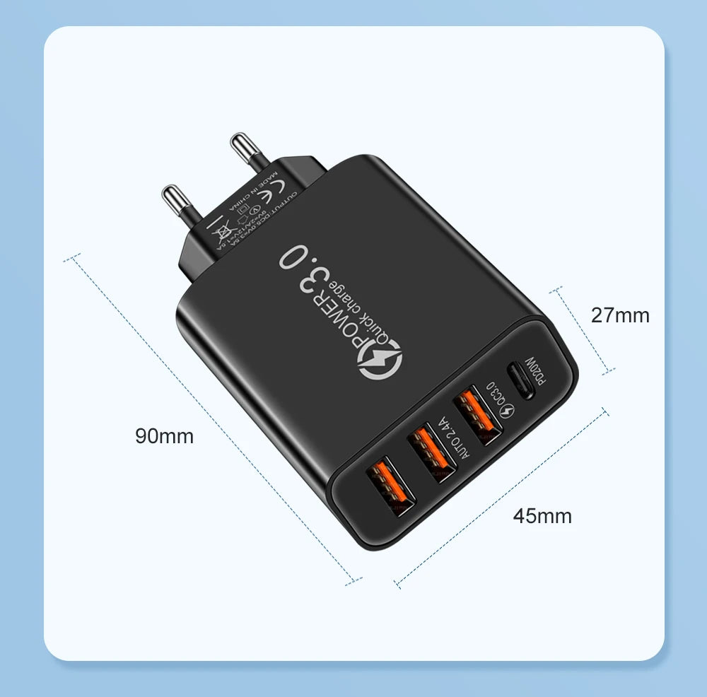 48 USB Charger QC 3.0 Type C PD Fast Charge For iPhone 12 13 Max Samsung S21 Huawei Xiaomi Mobile Phone EU/US Plug Wall Charger