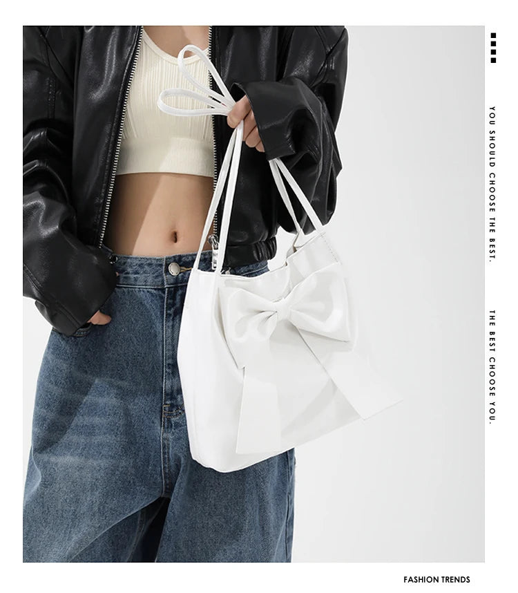 Fashionable Large Capacity Bow Knot Shoulder Bag Cute Kawaii Bow Decor Water Bucket Bag Lightweight Casual Handbag