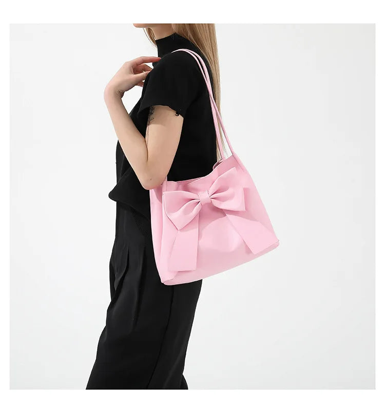 Fashionable Large Capacity Bow Knot Shoulder Bag Cute Kawaii Bow Decor Water Bucket Bag Lightweight Casual Handbag