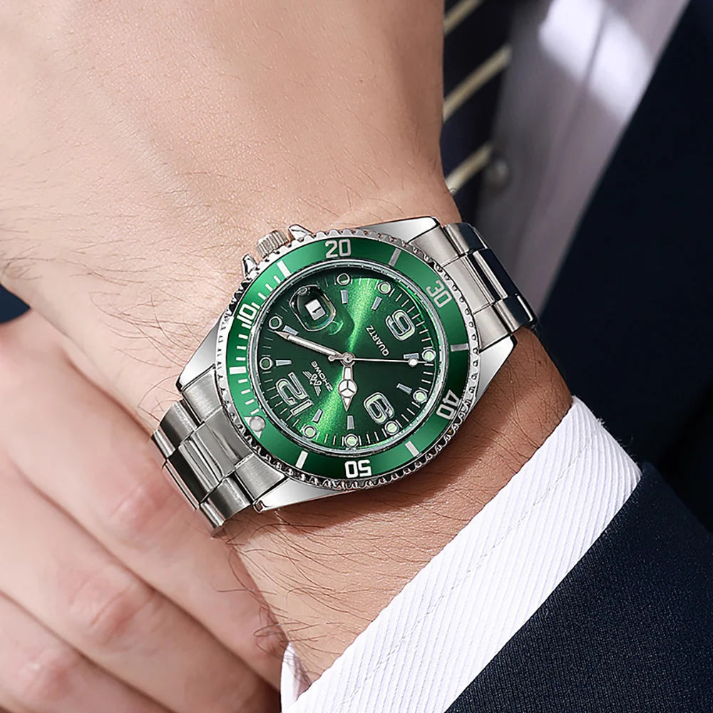 Business Men Classic Diver Style Watch Fixed Bezel Date Stainless Steel Strap Daily Life Waterproof Quartz Wristwatch