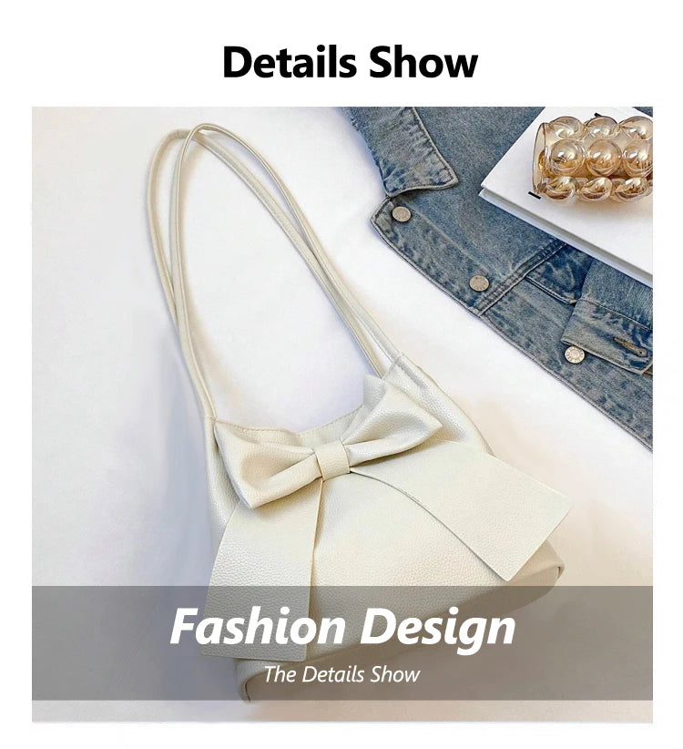 Fashionable Large Capacity Bow Knot Shoulder Bag Cute Kawaii Bow Decor Water Bucket Bag Lightweight Casual Handbag