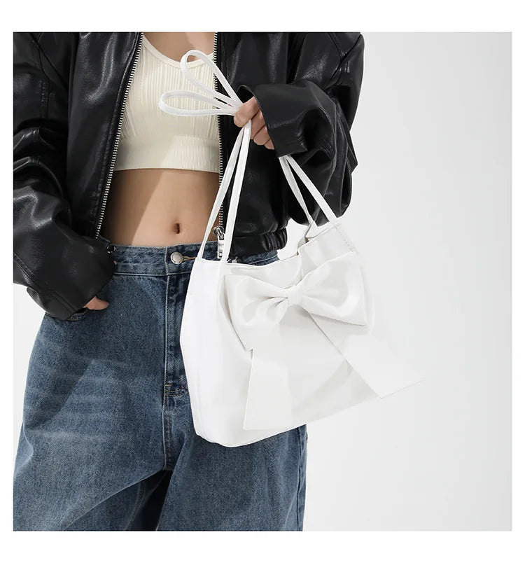 Fashionable Large Capacity Bow Knot Shoulder Bag Cute Kawaii Bow Decor Water Bucket Bag Lightweight Casual Handbag