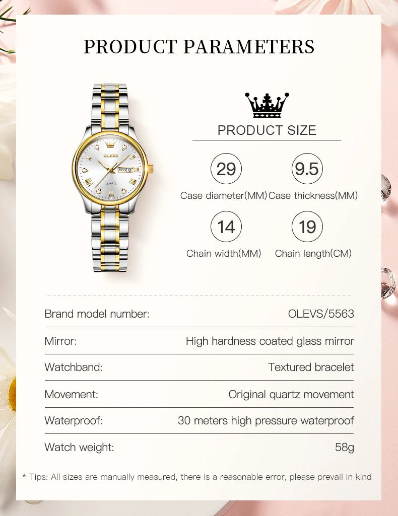 OLEVS 5563 Diamond Scale Women's Wristwatch 30m Waterproof Luminous Stainless Steel Ladies Watch Original Quartz Watch for Women