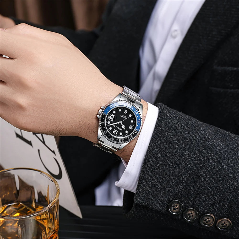 Business Men Classic Diver Style Watch Fixed Bezel Date Stainless Steel Strap Daily Life Waterproof Quartz Wristwatch
