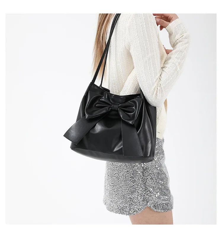 Fashionable Large Capacity Bow Knot Shoulder Bag Cute Kawaii Bow Decor Water Bucket Bag Lightweight Casual Handbag