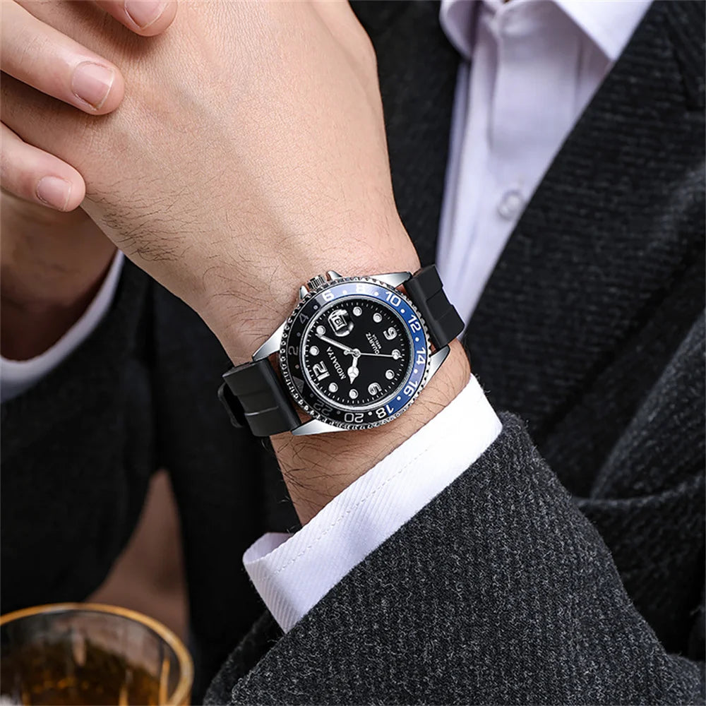 Business Men Classic Diver Style Watch Fixed Bezel Date Stainless Steel Strap Daily Life Waterproof Quartz Wristwatch