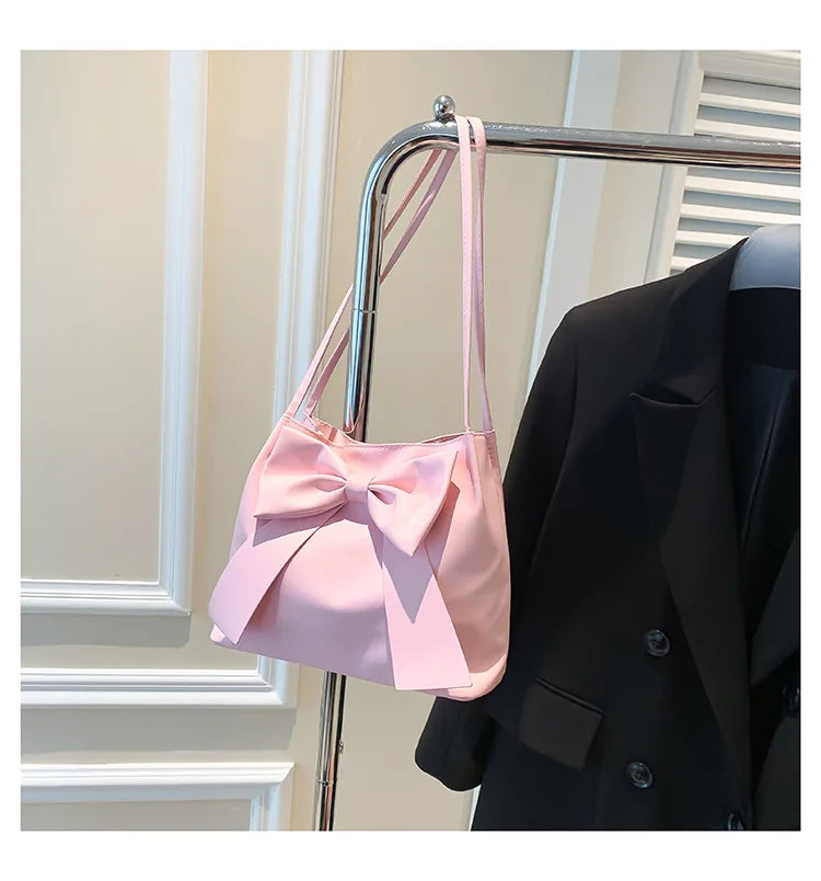 Fashionable Large Capacity Bow Knot Shoulder Bag Cute Kawaii Bow Decor Water Bucket Bag Lightweight Casual Handbag