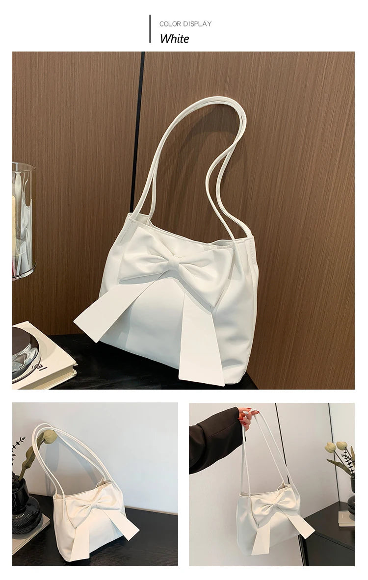 Fashionable Large Capacity Bow Knot Shoulder Bag Cute Kawaii Bow Decor Water Bucket Bag Lightweight Casual Handbag