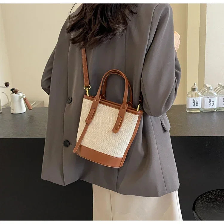 2025 Fashion Versatile PU Canvas Bucket Shoulder and Crossbody Bags Simple Casual Sense of Luxury Retro Handbags for Women