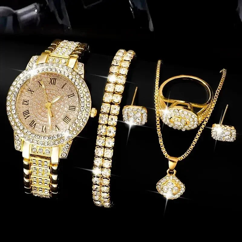 Golden Watch Women Ring Necklace Earrings Rhinestone Fashion Wristwatch Female Casual Ladies Watches Bracelet Set Clock