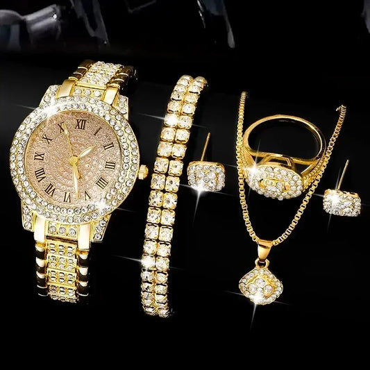 Golden Watch Women Ring Necklace Earrings Rhinestone Fashion Wristwatch Female Casual Ladies Watches Bracelet Set Clock