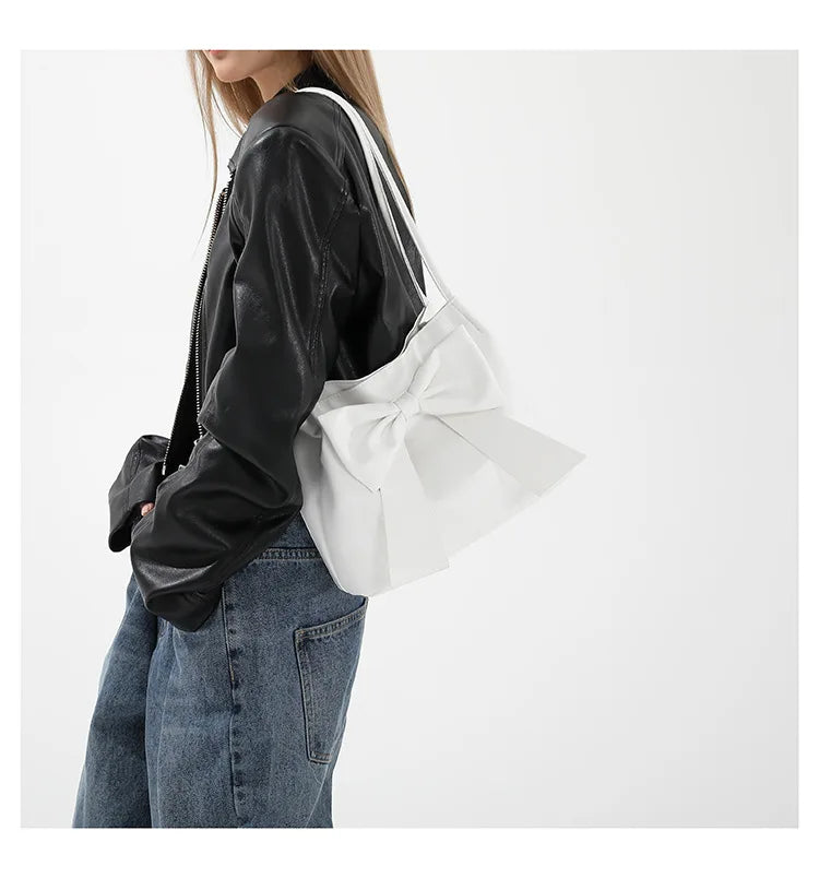 Fashionable Large Capacity Bow Knot Shoulder Bag Cute Kawaii Bow Decor Water Bucket Bag Lightweight Casual Handbag
