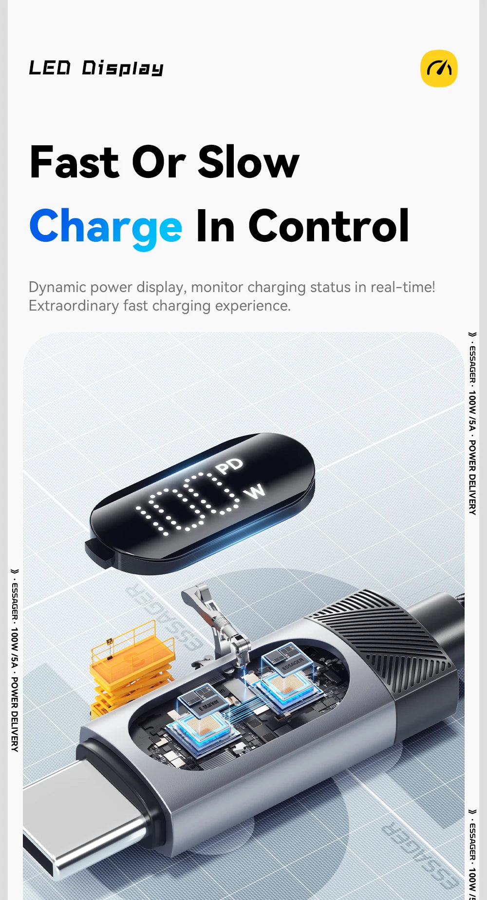 Essager Digital Dispaly USB C Cable For iPhone 16 15 Xiaomi Huawei 100W PD Fast Charging For Macbook iPad Type C to Type C Cable