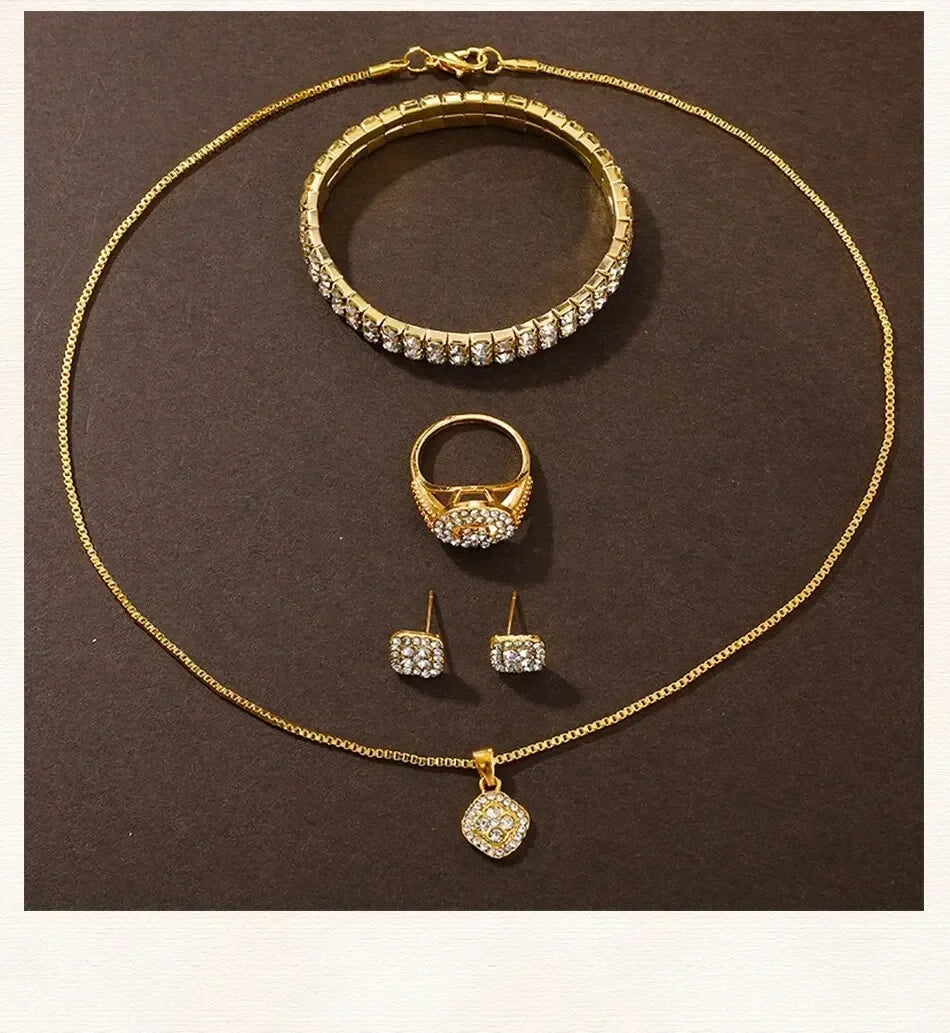 Golden Watch Women Ring Necklace Earrings Rhinestone Fashion Wristwatch Female Casual Ladies Watches Bracelet Set Clock