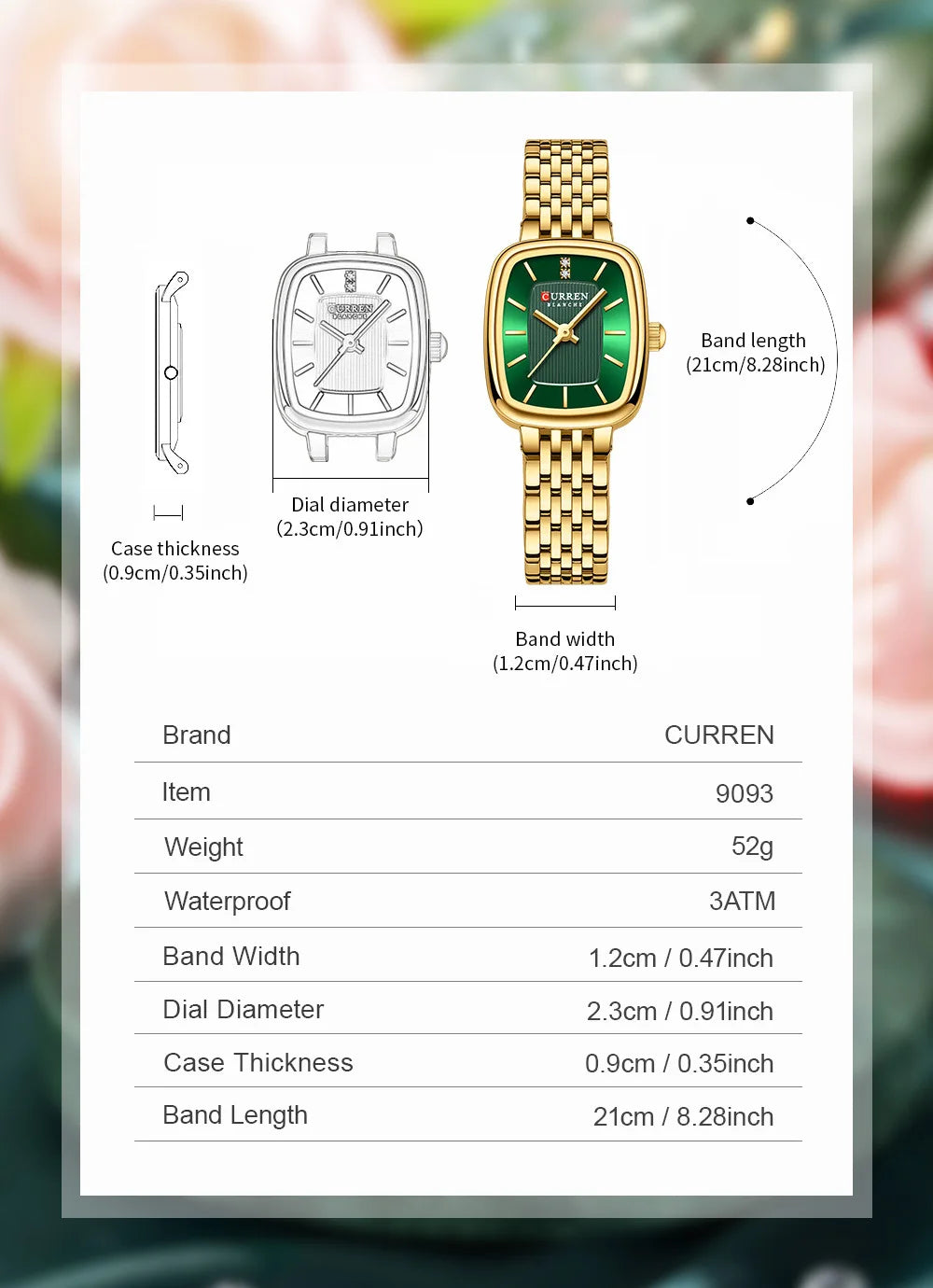 CURREN 9093 Fashion Quartz Women Watch Simple Elegant Square Dial Gold Stainless Steel Strap Waterproof Leisure Business Watches