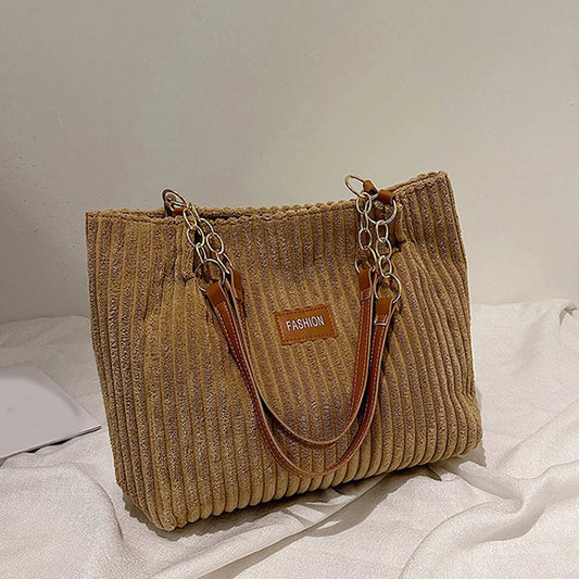 Fashion Corduroy Tote Bag Solid Color Shoulder Bag Women's Casual Handbag For Commute Work Shopper Totes