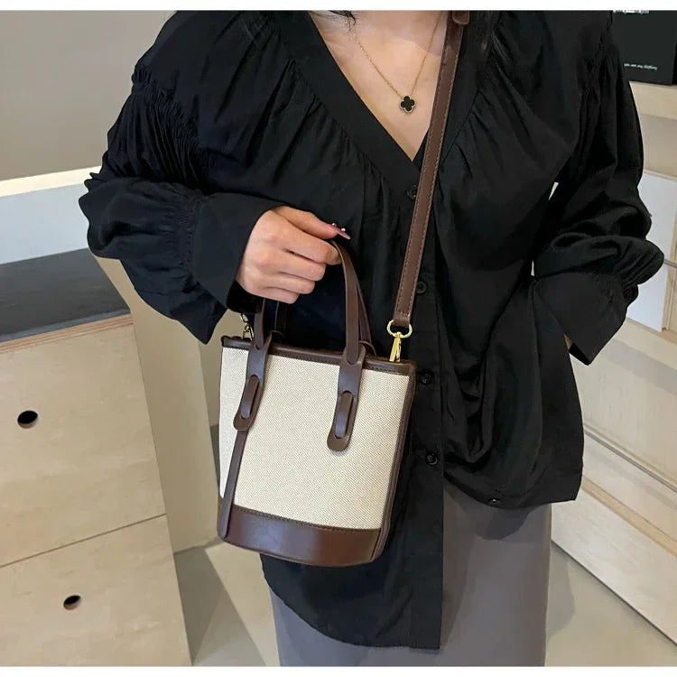 2025 Fashion Versatile PU Canvas Bucket Shoulder and Crossbody Bags Simple Casual Sense of Luxury Retro Handbags for Women