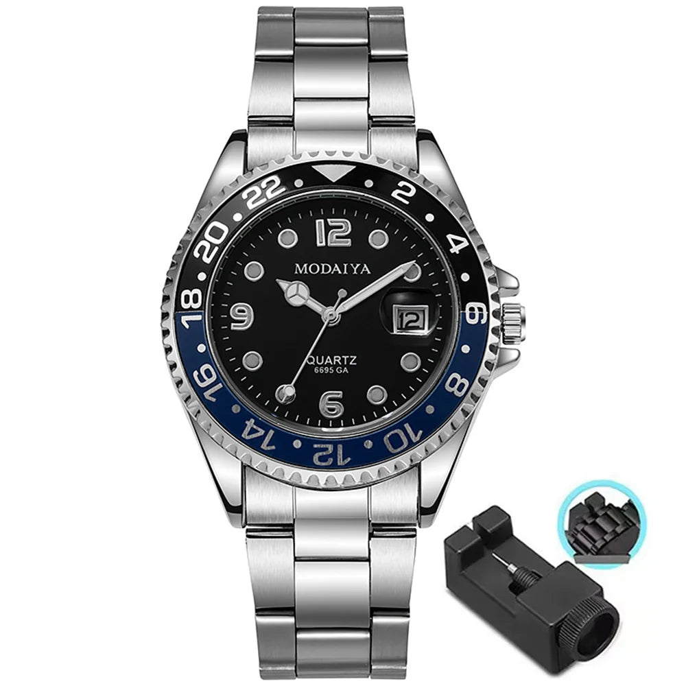 Business Men Classic Diver Style Watch Fixed Bezel Date Stainless Steel Strap Daily Life Waterproof Quartz Wristwatch