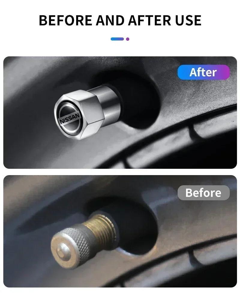 4PCS Car Badge Wheel Tires Valve Caps Metal Tyre Dust Covers For Nissan J10 X-Trail Qashqai Juke Leaf Micra NOTE Patrol Gadgets