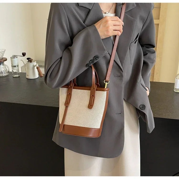 2025 Fashion Versatile PU Canvas Bucket Shoulder and Crossbody Bags Simple Casual Sense of Luxury Retro Handbags for Women