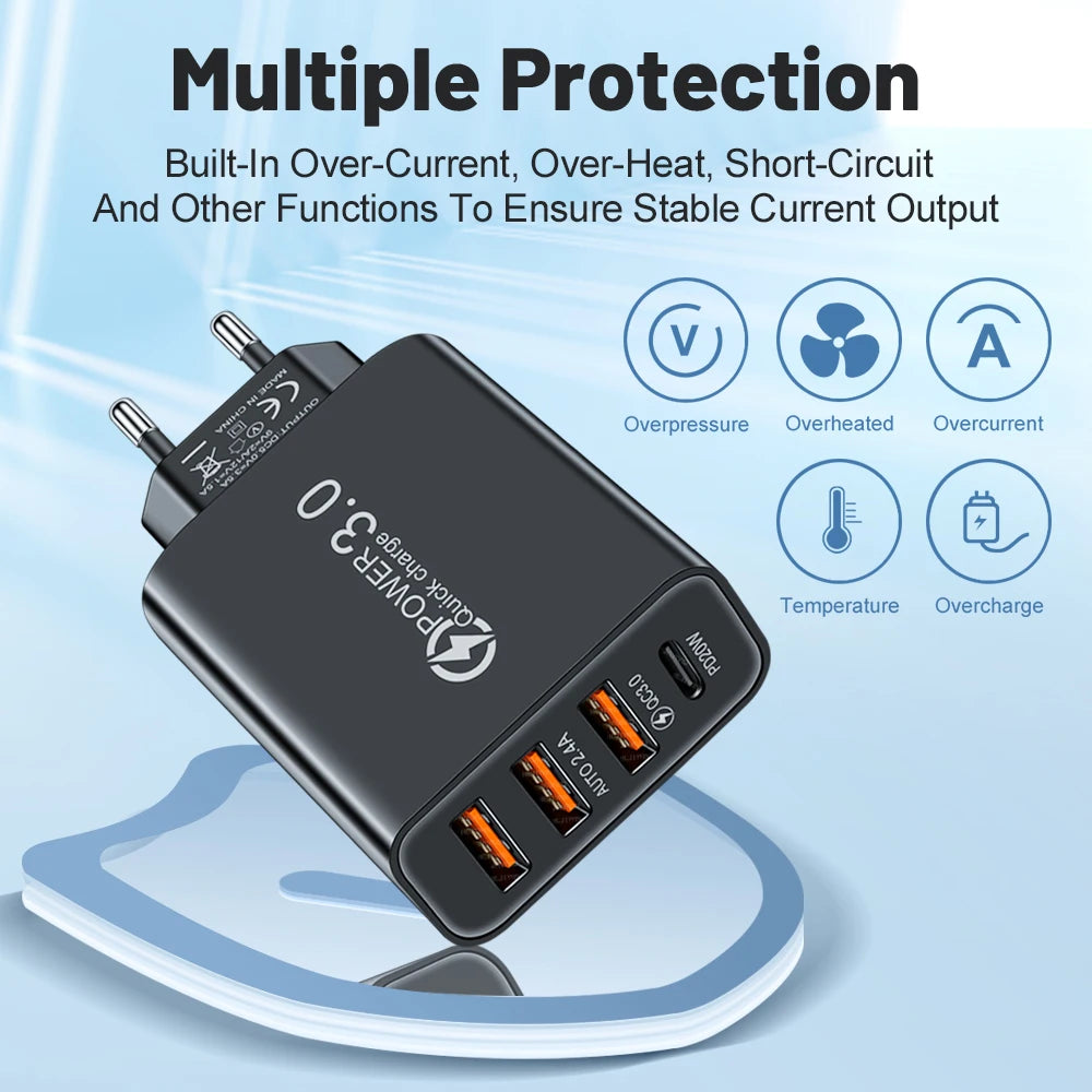 48 USB Charger QC 3.0 Type C PD Fast Charge For iPhone 12 13 Max Samsung S21 Huawei Xiaomi Mobile Phone EU/US Plug Wall Charger
