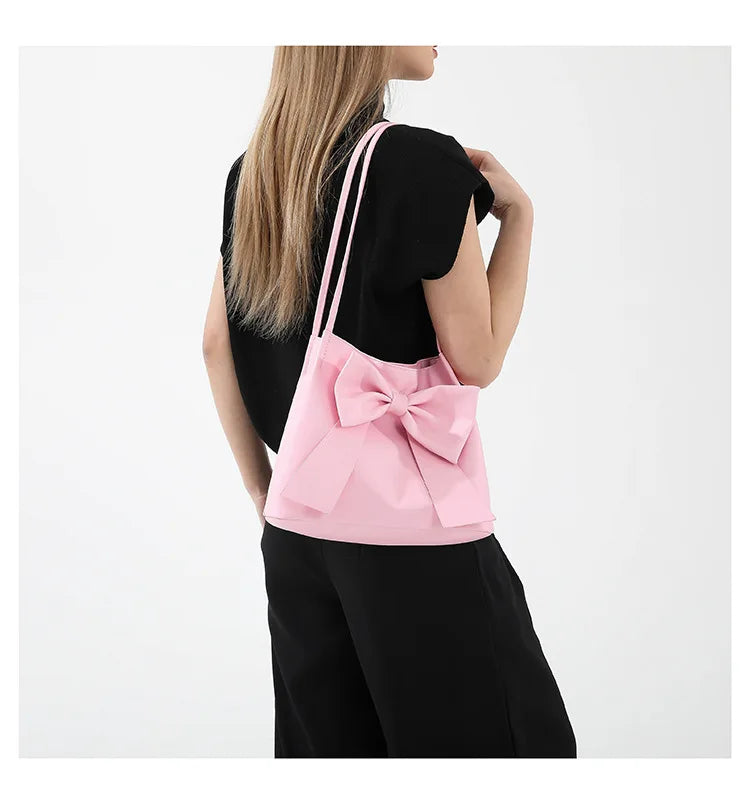 Fashionable Large Capacity Bow Knot Shoulder Bag Cute Kawaii Bow Decor Water Bucket Bag Lightweight Casual Handbag