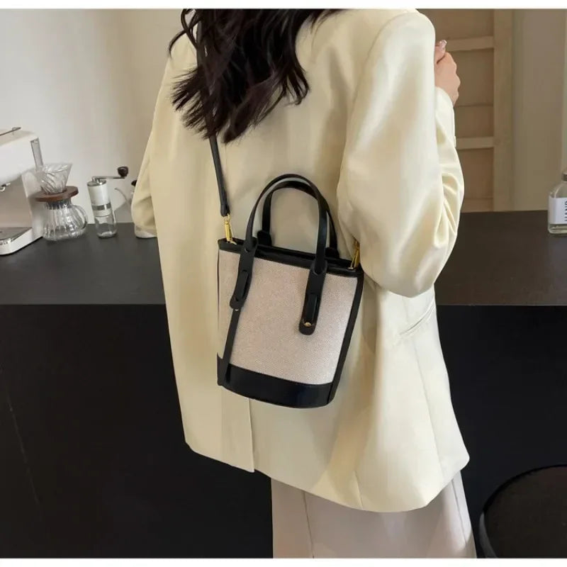 2025 Fashion Versatile PU Canvas Bucket Shoulder and Crossbody Bags Simple Casual Sense of Luxury Retro Handbags for Women