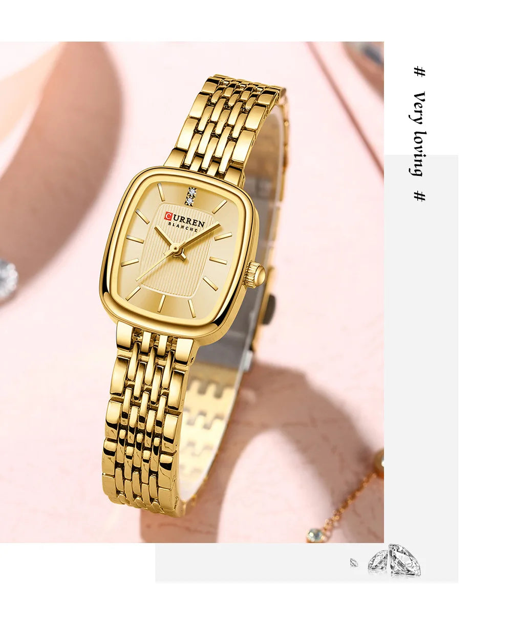 CURREN 9093 Fashion Quartz Women Watch Simple Elegant Square Dial Gold Stainless Steel Strap Waterproof Leisure Business Watches