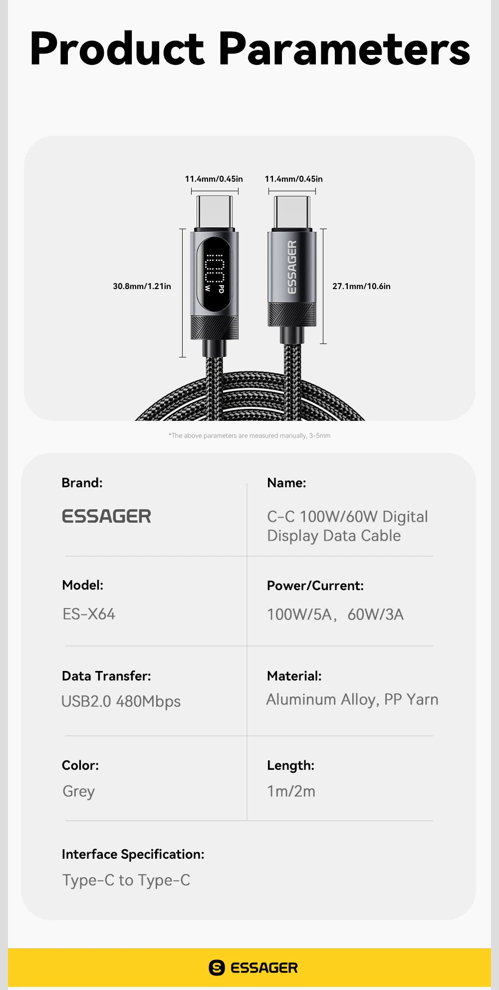 Essager Digital Dispaly USB C Cable For iPhone 16 15 Xiaomi Huawei 100W PD Fast Charging For Macbook iPad Type C to Type C Cable