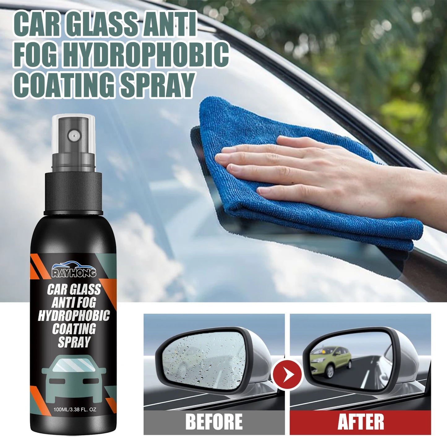 Hydrophobic Windshield Spray - Water Repellent Anti-Fog Coating for Car & Mirrors,Quick-Drying Streak-Free Protection & Cleaning