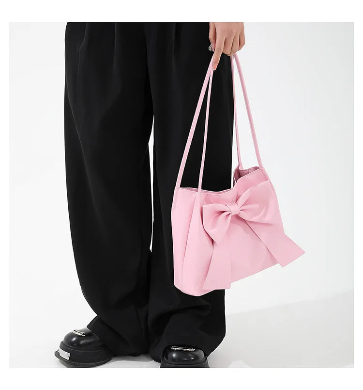 Fashionable Large Capacity Bow Knot Shoulder Bag Cute Kawaii Bow Decor Water Bucket Bag Lightweight Casual Handbag