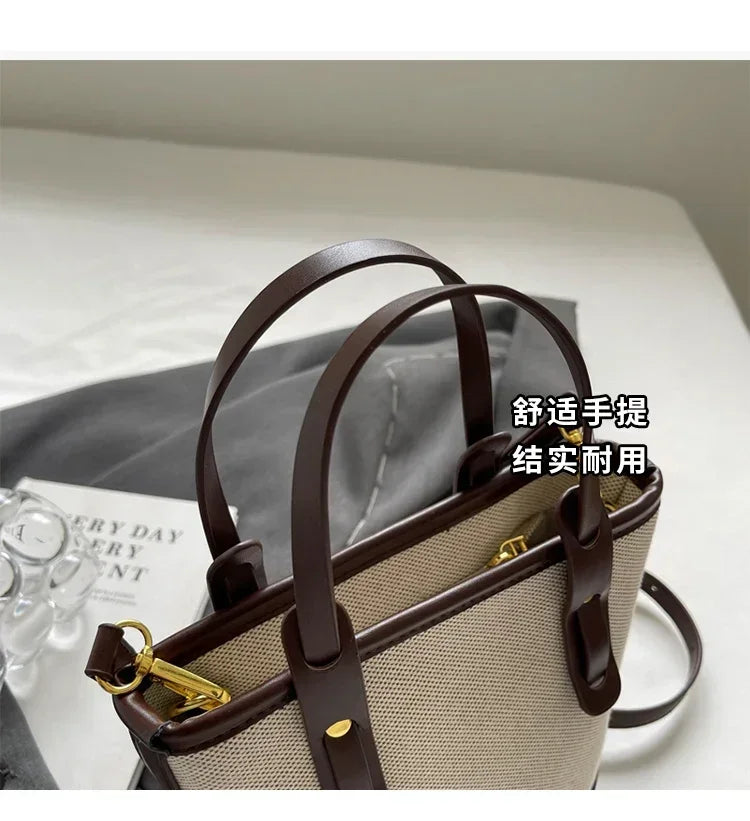 2025 Fashion Versatile PU Canvas Bucket Shoulder and Crossbody Bags Simple Casual Sense of Luxury Retro Handbags for Women