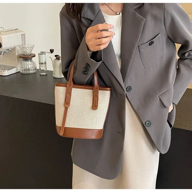 2025 Fashion Versatile PU Canvas Bucket Shoulder and Crossbody Bags Simple Casual Sense of Luxury Retro Handbags for Women